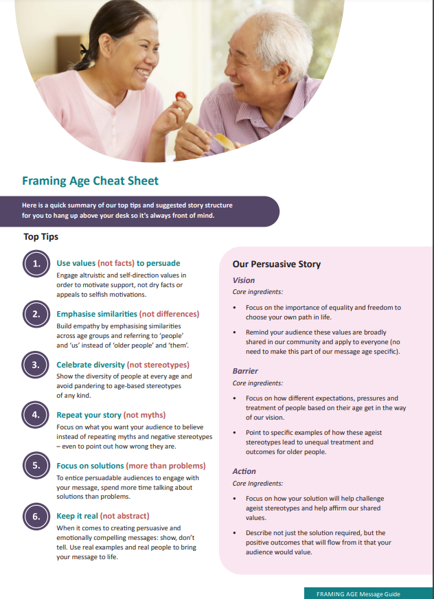 image of Framing Age Message Guide Cheat Sheet featuring a smiling older couple sharing food and text describing tips for better messaging.